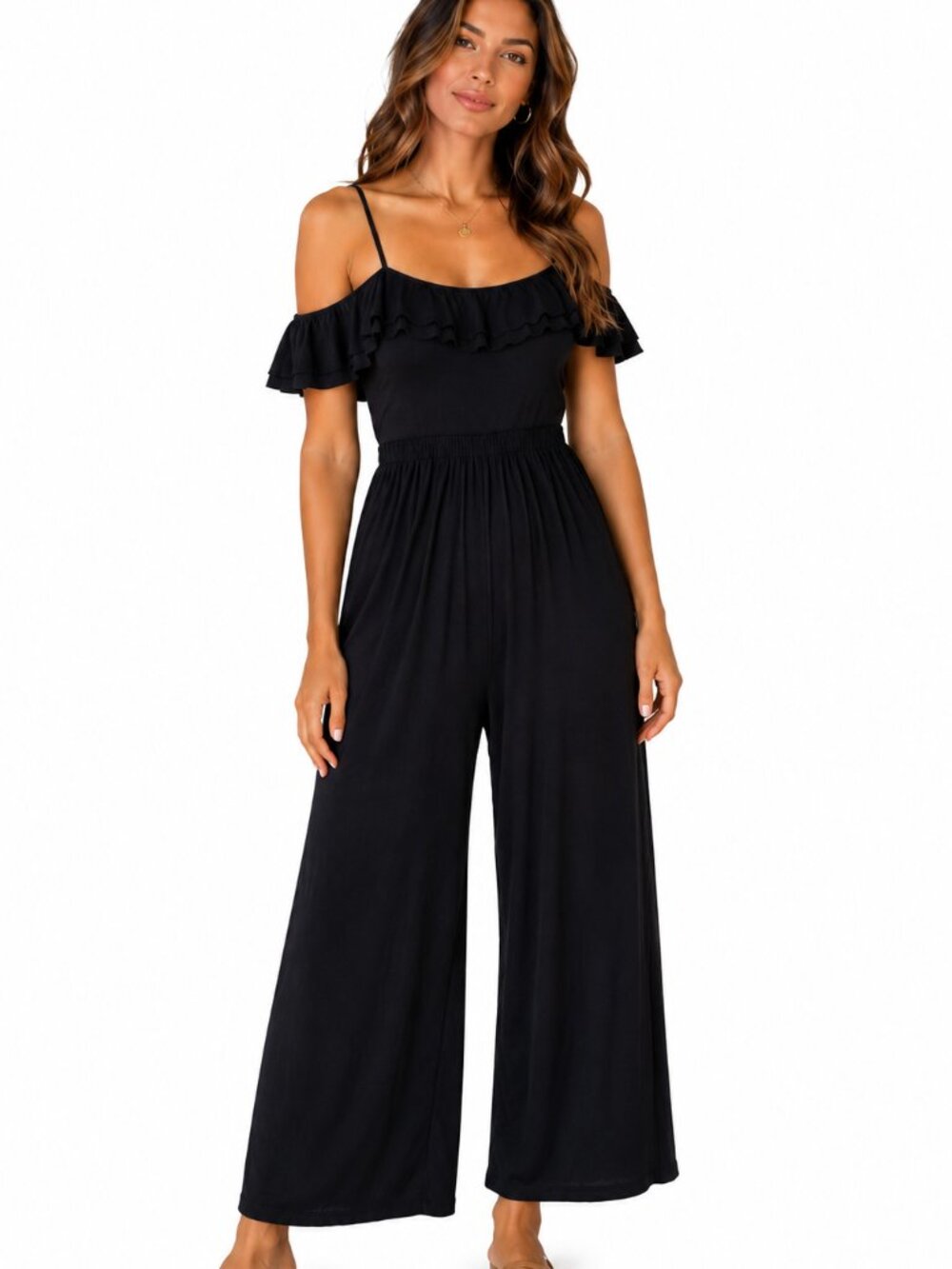 Black Off Shoulder Wide Leg Jumpsuit Ruffle Trim Ankle Length NWT L